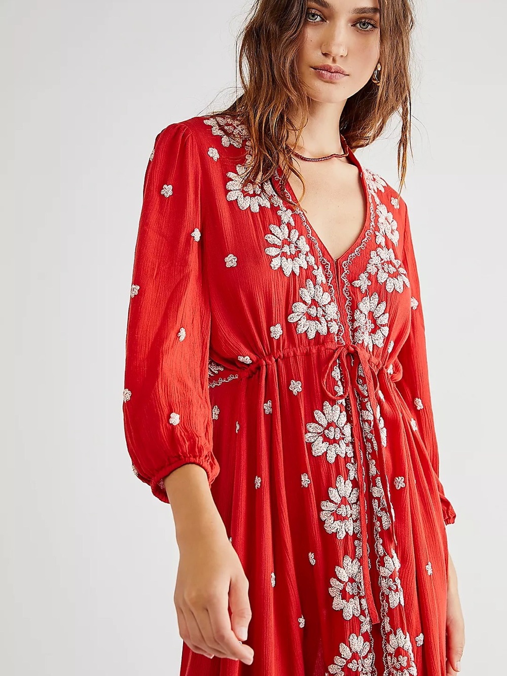 Free People Embroidered Fable Red Midi Dress Boho Flowy Hippie Lightweight Large - Picture 2 of 10